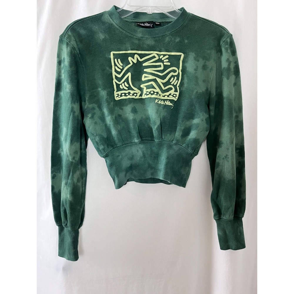 Keith Haring Women's XS Crop Sweatshirt Sweater Fleece Tie Dye Green Art to Wear